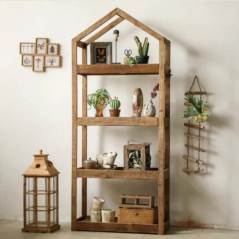 Woodhouse-shaped wooden four-story shelf living room creative log retro art old pine 1 wind decorative bookshelf