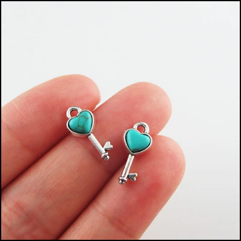 New Turquoise Stone Charms Cat Owl Cross Flower Key Oval Tibetan Silver Plated Pendants Retro