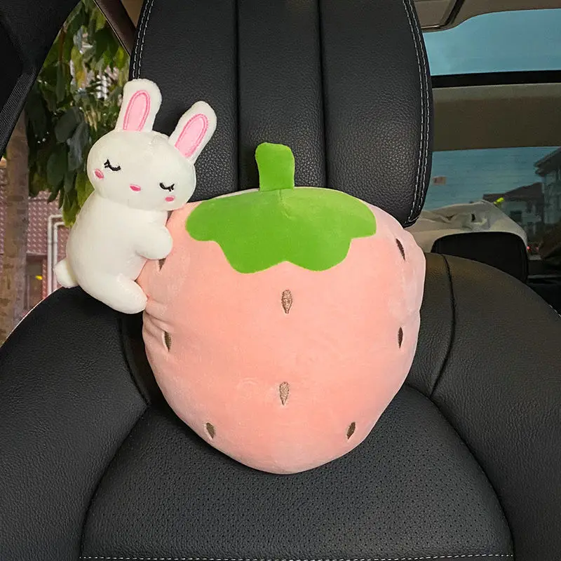 Plush cute Car Pillows Strawberry Rabbit Bear Seat Neck Support Car Headrest Pillow Auto Neck Rest  Interior Car Accessories