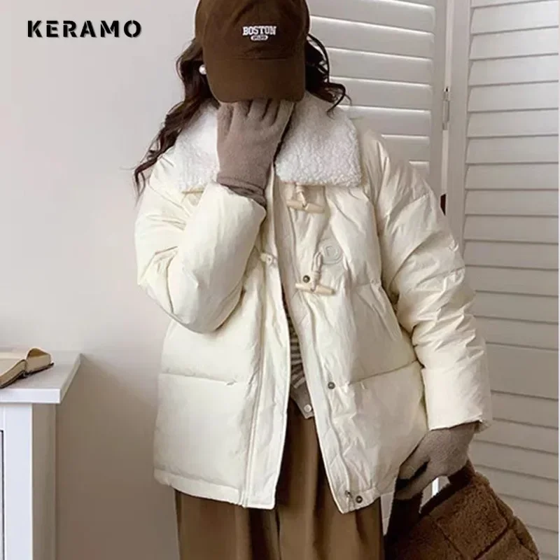 Women Casual Sweet Long Sleeve Patchwork Single Breasted Parkas 2024 Winter Yellow Outerwear Jacket Lovely Warm Thick Coat