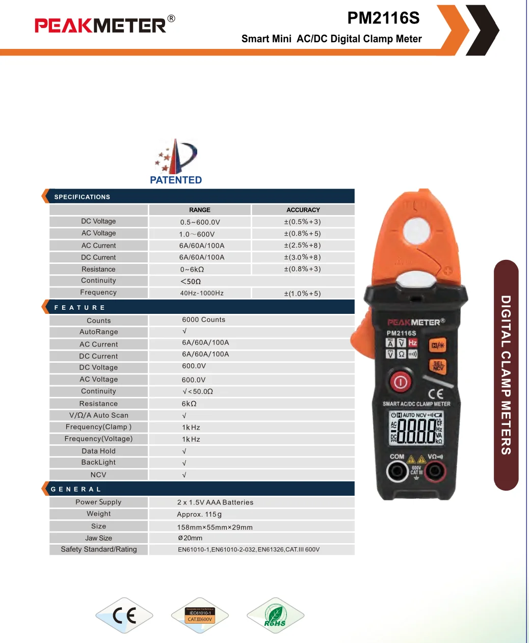 Peakmeter PM2116S Smart Mini AC/DC Digital Clamp Meter Multimeter With RoHS Auto Range