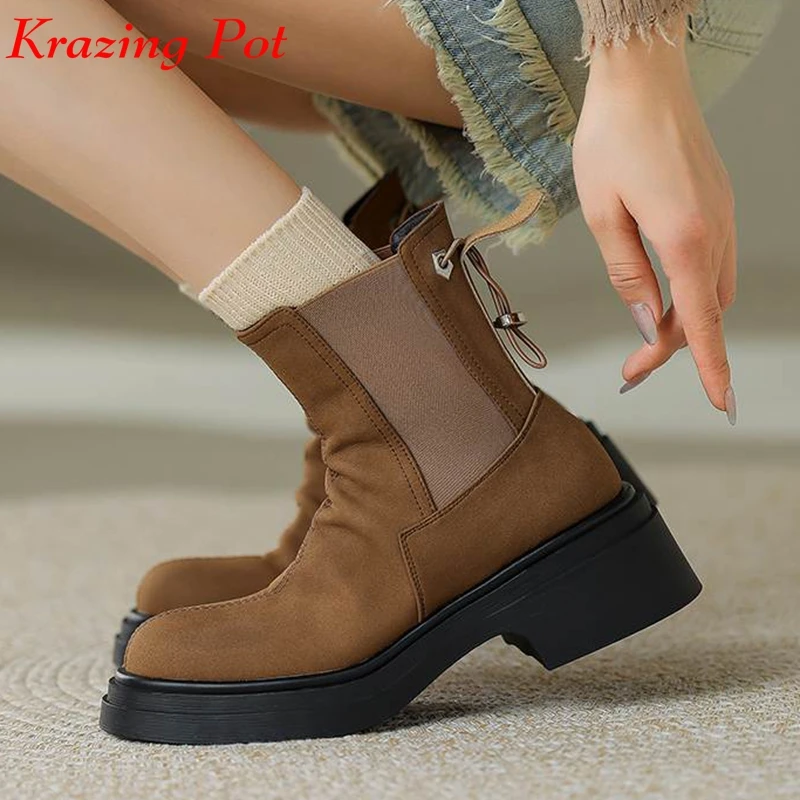 

Krazing Pot Cow Leather Round Toe Thick Heel Winter Shoes Chelsea Boots Slip On Punk Style Rock Singer Thick Bottom Ankle Boots