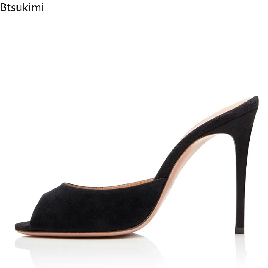 

New 2025 Women's Heeled Black Bridal Wedding Bride Shoes Summer Sandals Ladies Peep Toe High Heel Mules Stiletto Heels for Women