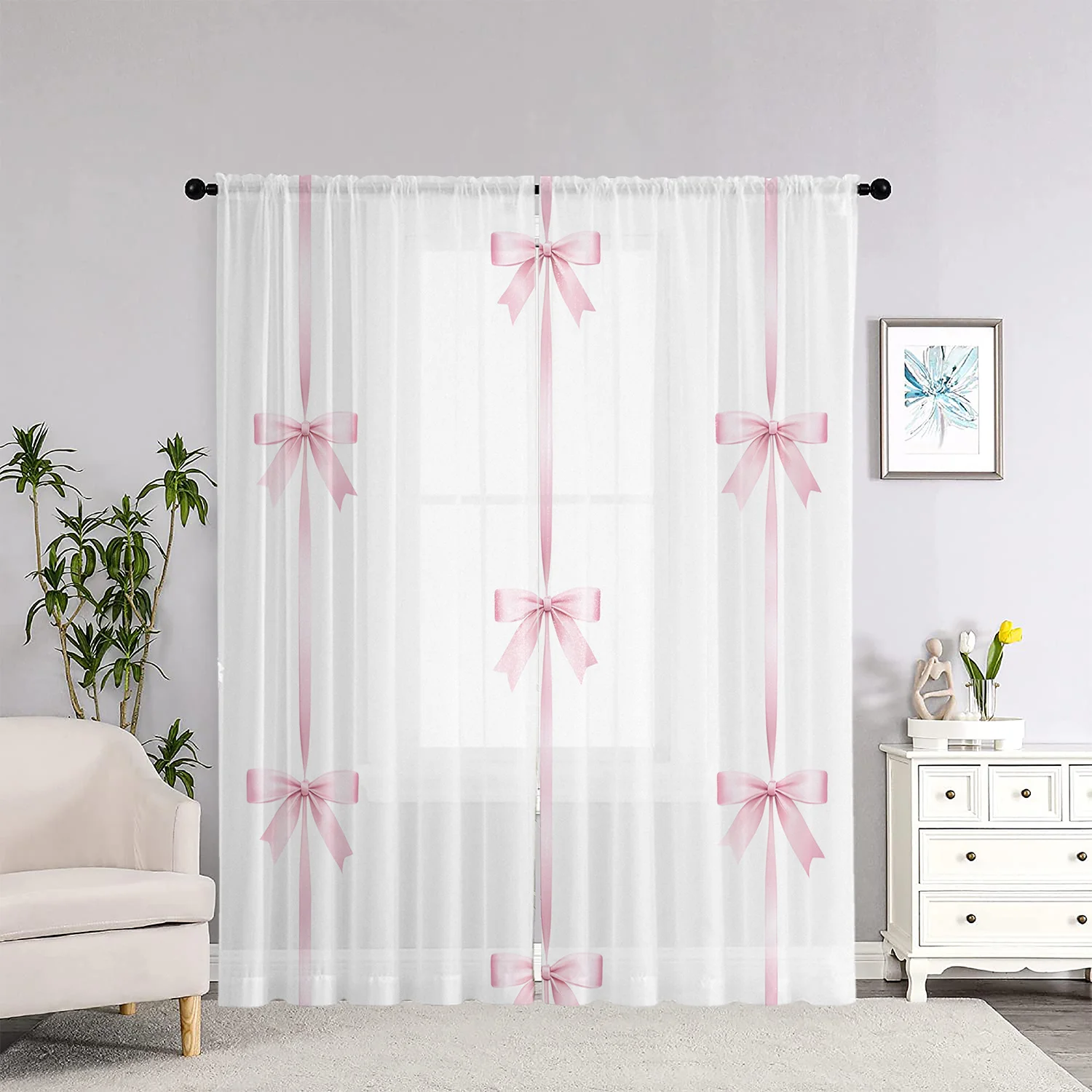 Pink Bow Sheer Curtains – HD Digital Print, Pocket Rod Design for Living Room & Bedroom – Home Decor Window Treatments