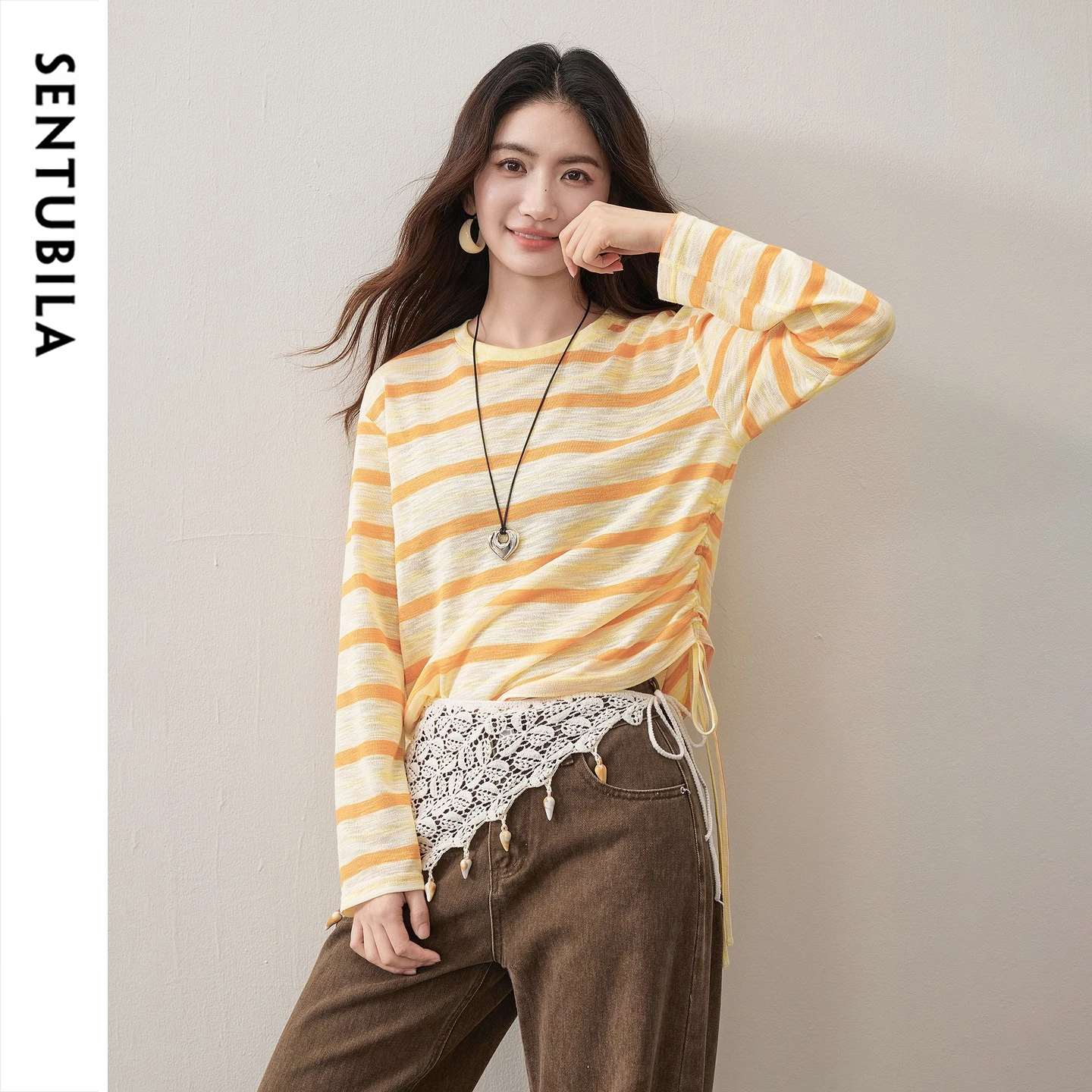 SENTUBILA Striped Knit T-Shirt Women 2026 Autumn New Ladies Korean Tee Adjustable Drawstring Long Sleeve Knittd Top Q63TC8027