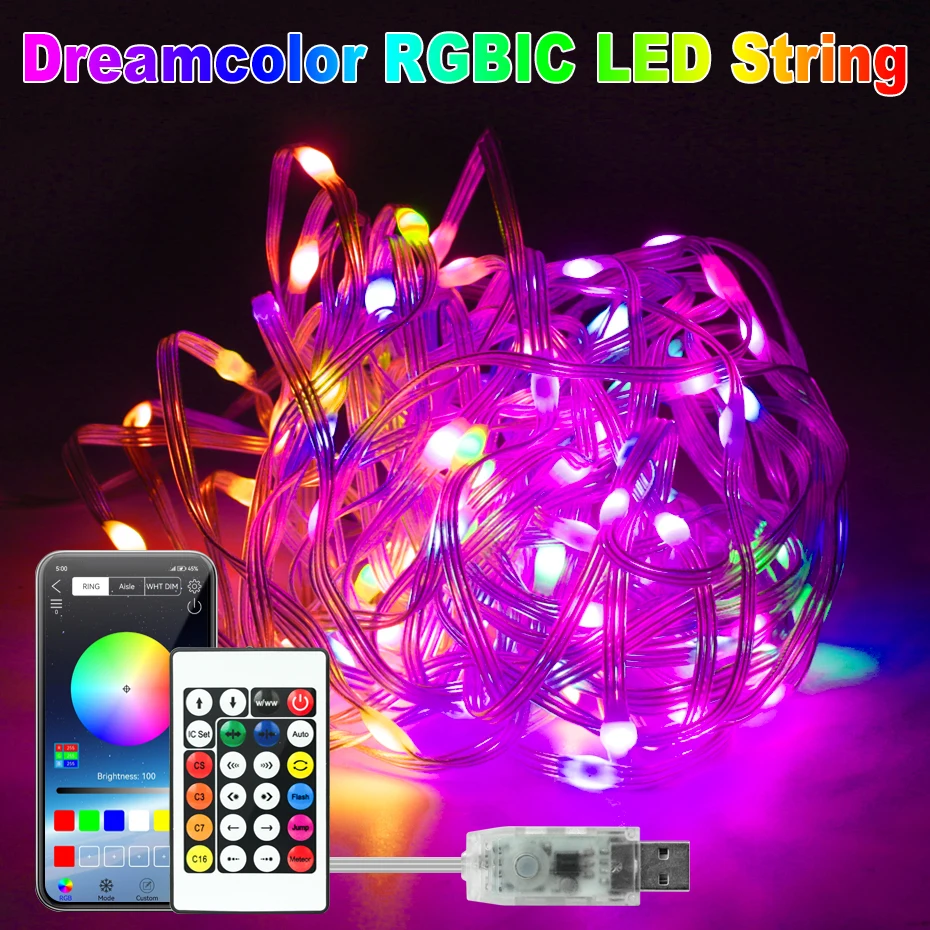 Dreamcolor-Cadena de luces LED USB con Control Bluetooth, luz de hadas inteligente WS2812B, lámpara de Navidad RGBIC para decoración de jardín y boda