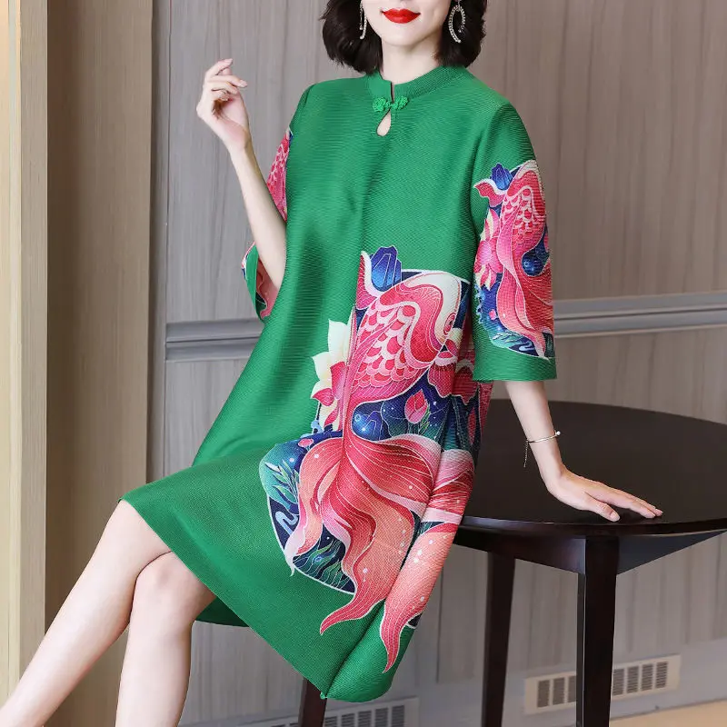 

Dress female Ocean printing pleated dress 2023 new summer fashion improvement cheongsam collar loose large size slime skirt