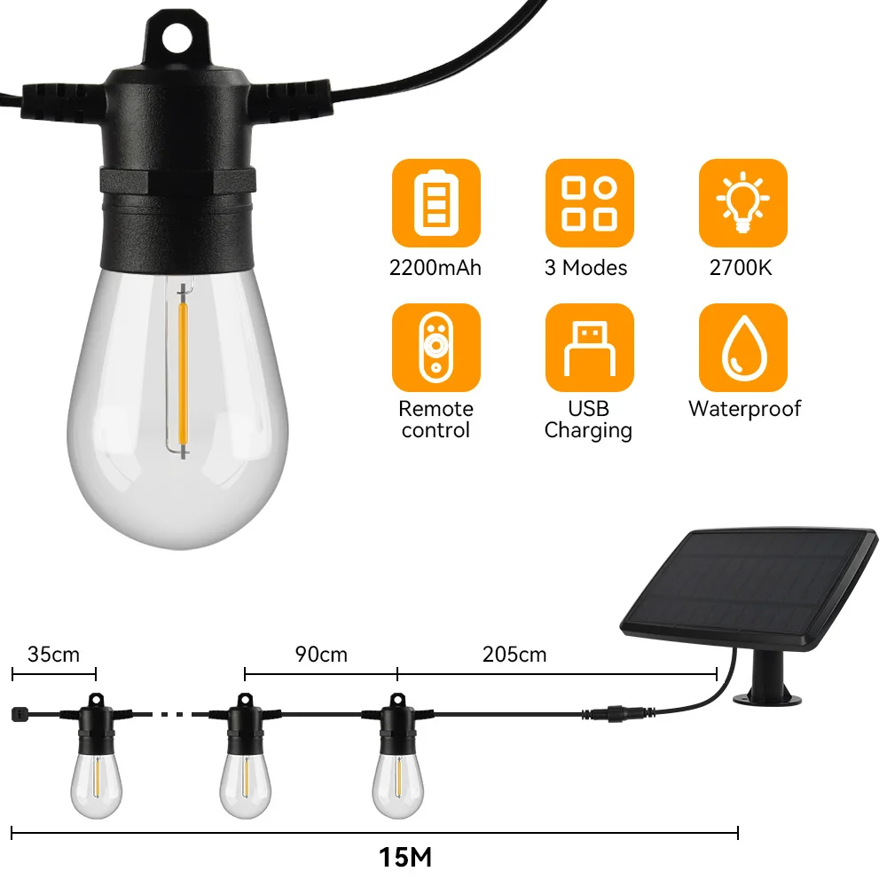 S14 Solar String Light led Garland Light Outdoor Waterproof Retro Hanging Fairy Garlands Decoration For Outdoor Garden Backyard