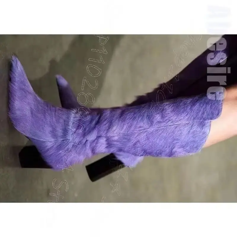 

Purple Horsehair Pointed Toe Runway Boots Slip On Women Shoes Chunky High Heels Fashion Party Banquet 2026 Zapatos Para Mujere