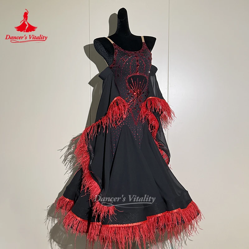 Feather Style Ballroom Dance Big Swing Dress Customize Adult&Child Waltz Tango 2-color Matching Contest Clothe Dancer's Vitality