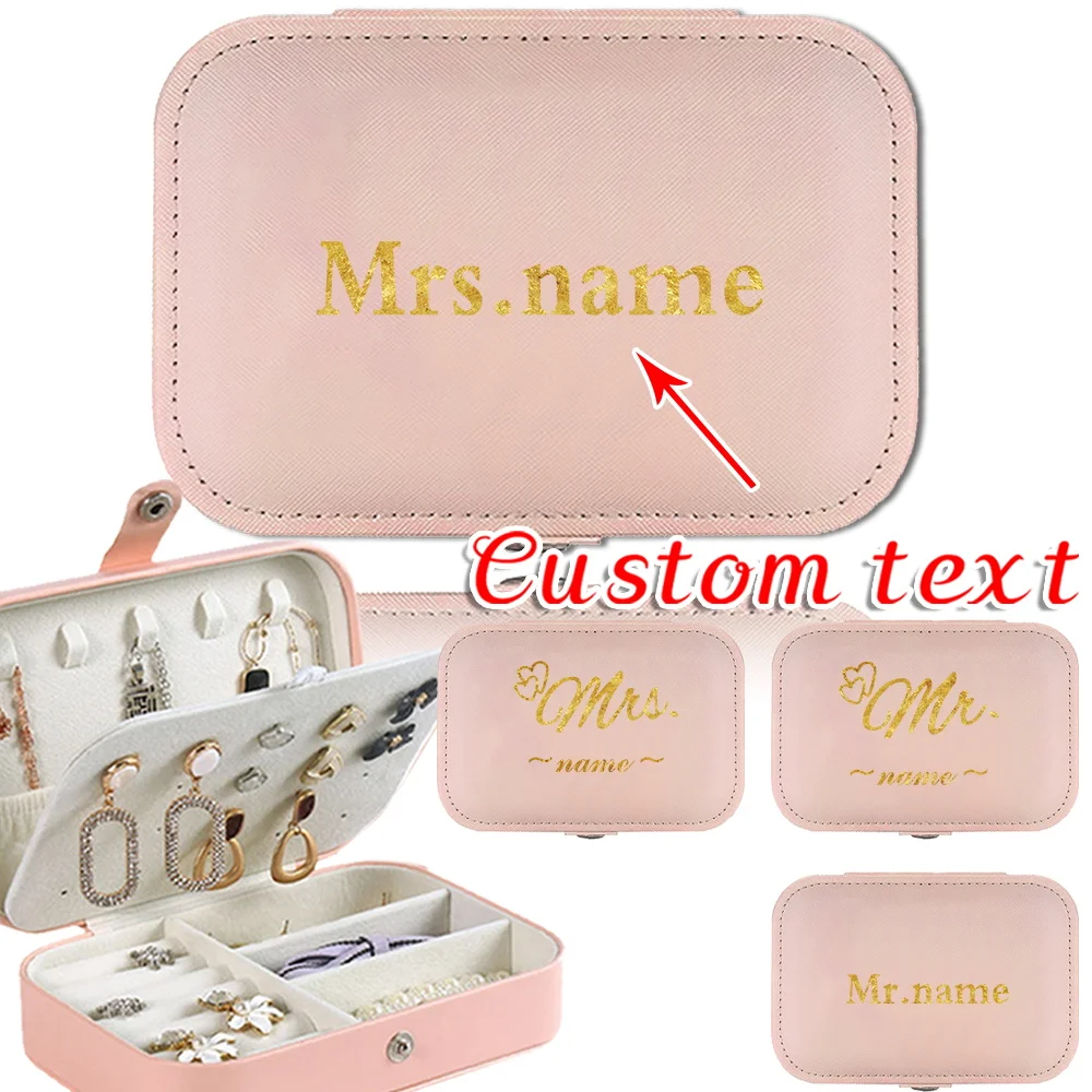 

Customized Name Leather Portable Pink Jewelry Box Large Capacity Travel Necklace Earrings Double Layer Storage Jewelry Box