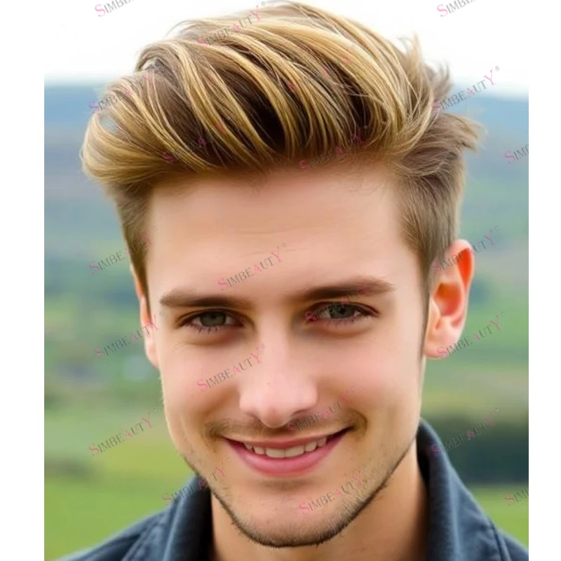 Undetectable Full Micro Skin Base European Man Remy Human Hair Ombre Honey Blonde 30mm Wave Toupee Natural Hairline Hairpieces