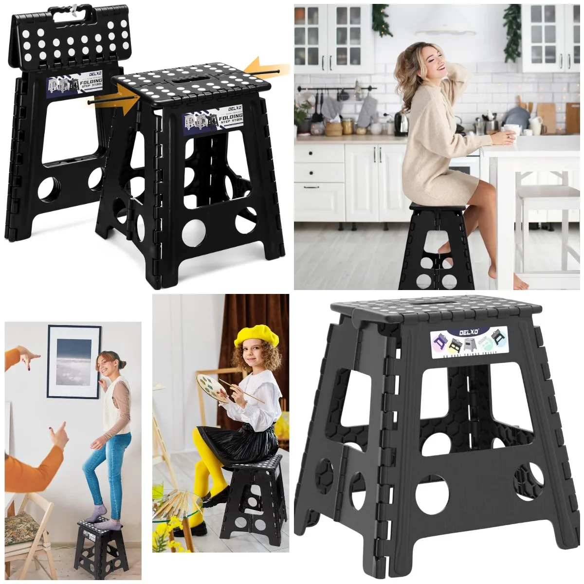 

16 Inch Folding Step Stool, Portable Collapsible Plastic Step Stool with Safety Lock, Non-Slip, Up to 400LBS (Black, 1PC)