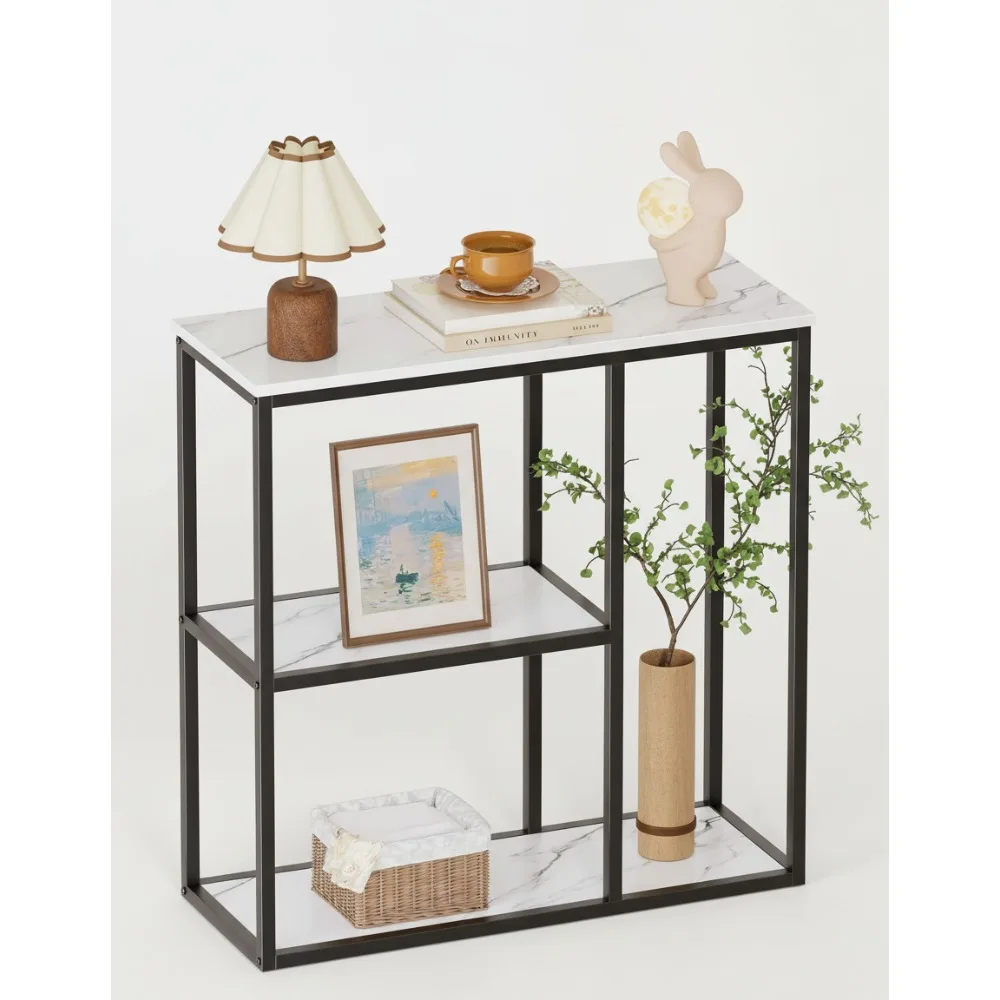 

Современный промышленный консольный столик, 31,5-дюймовый узкий диван-стол для прихожей с 3-уровневыми полками для хранения, белая мраморная столешница