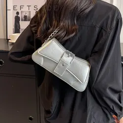 Silver Small PU Leather Crossbody Bags for Women 2023 Y2K Luxury Brand Females Underarm Shoulder Side Bag Chain Handbags