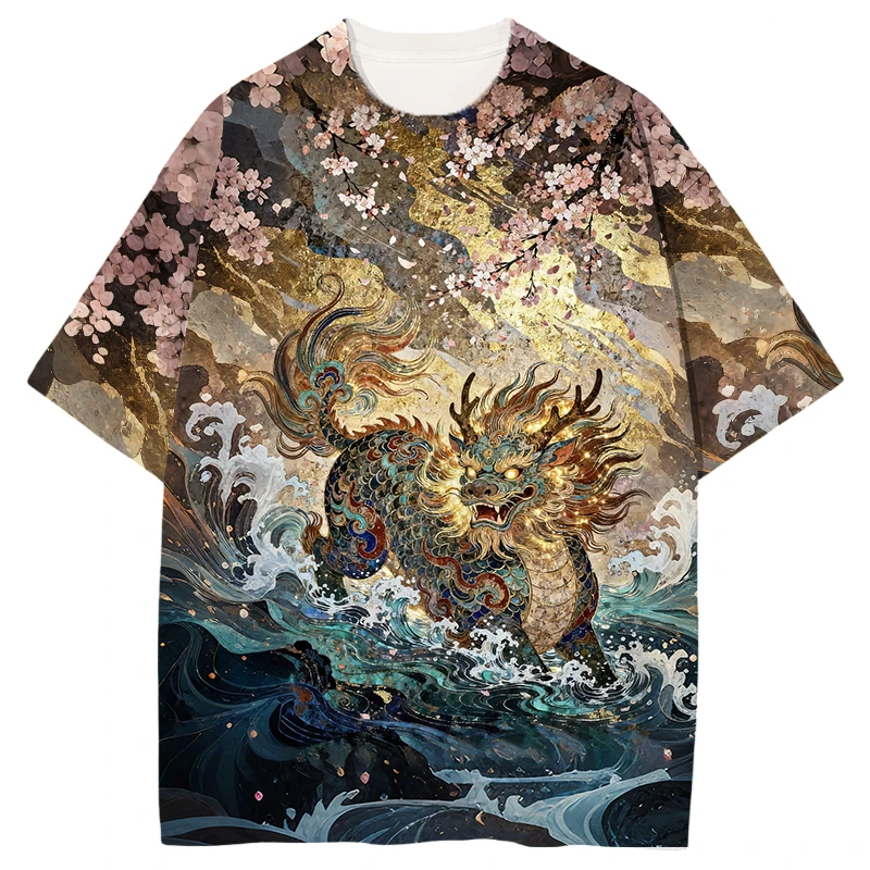 2026 New Auspicious Beast Treading Waves All Over Printed T-shirt Children's Summer China-Chic Style Street Couple Short Sleeve