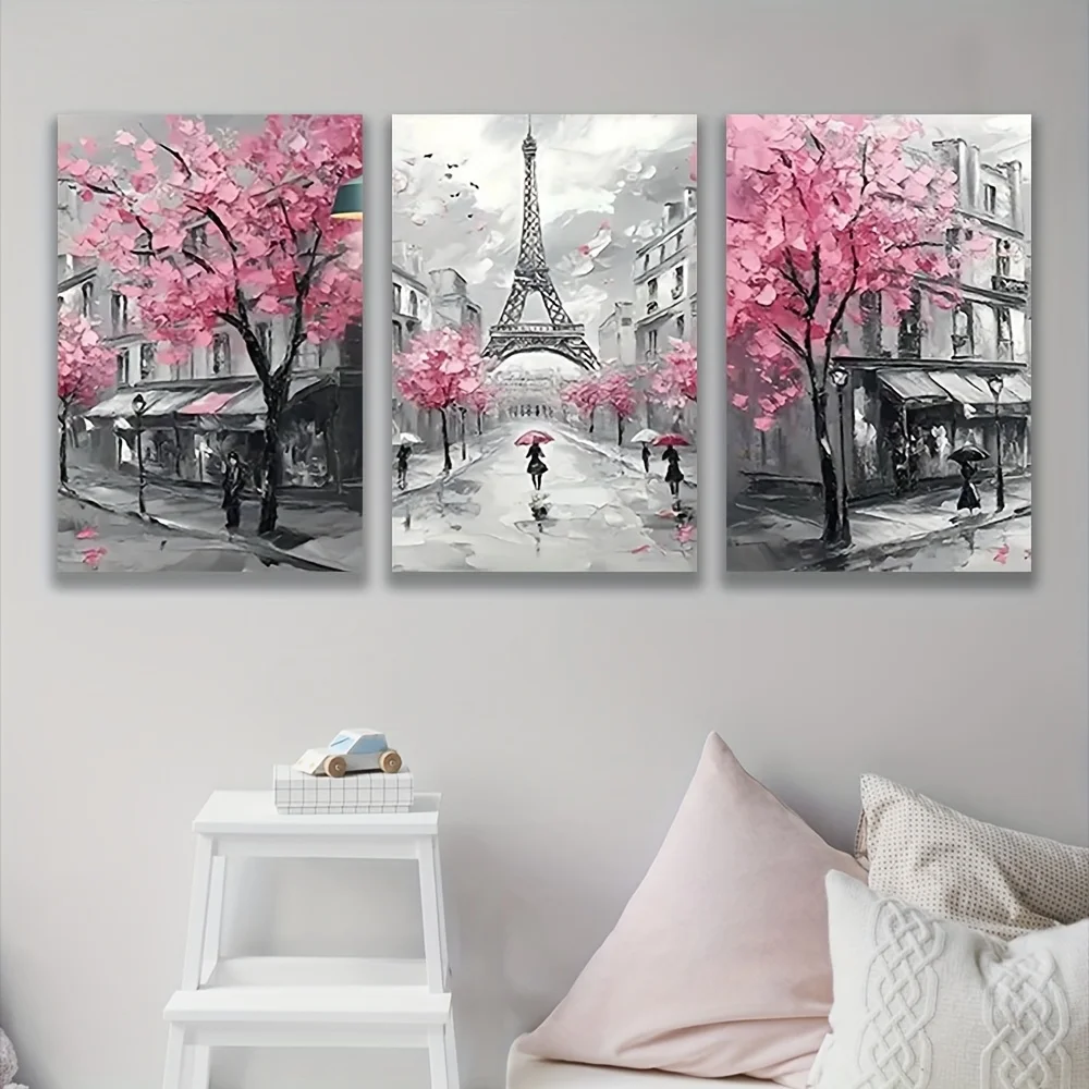 （3PCS NOFrame）-2D Flat, 3pcs, Romantic Cherry Blossom Eiffel Tower Flower Wall Art Print Canvas, Fashionable and Elegant Mode