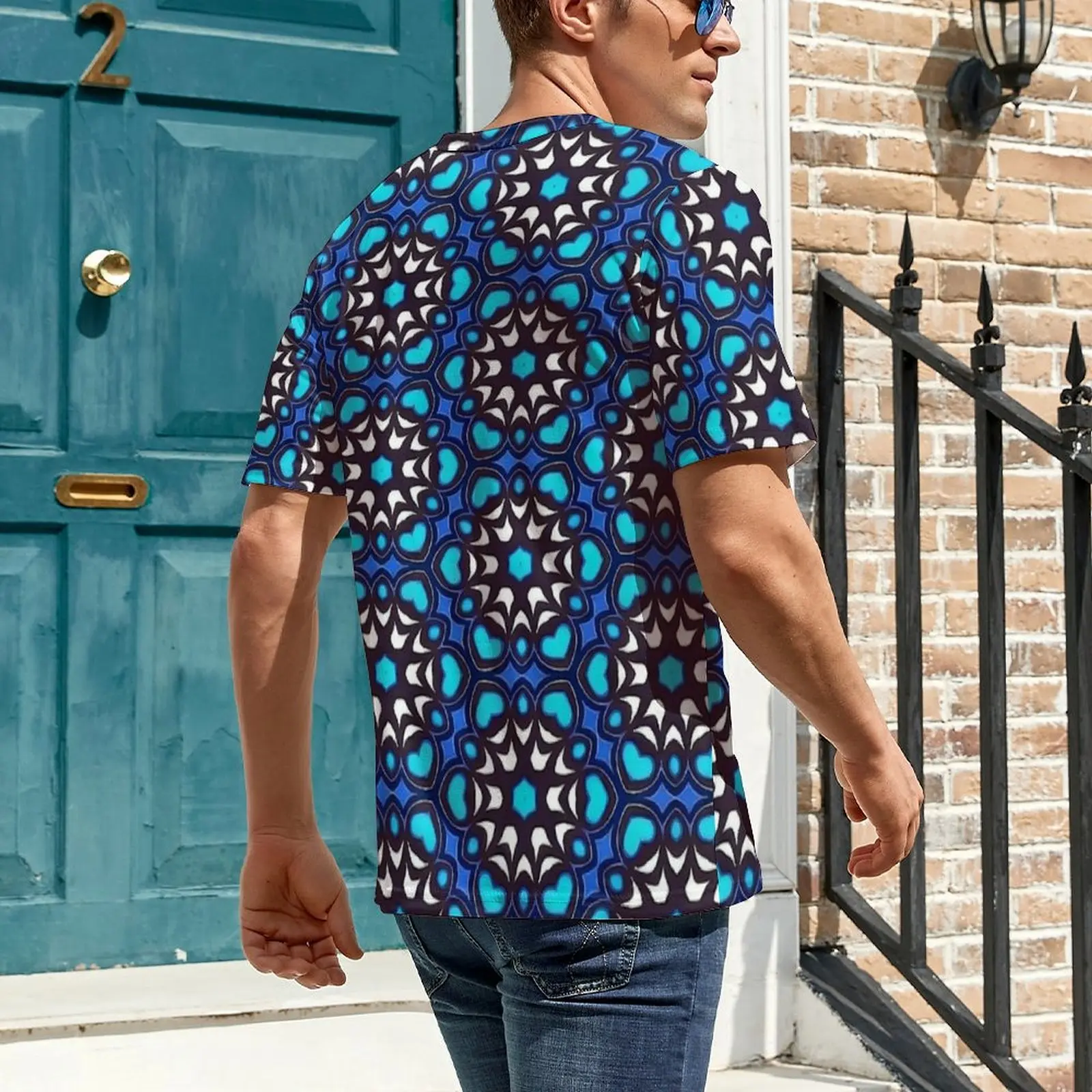 Couple Navy Cyan Geometric Tile T Shirt  Vintage T Shirts Short Sleeve Graphic Tshirt Hot Sale Summer Funny Oversize Tees