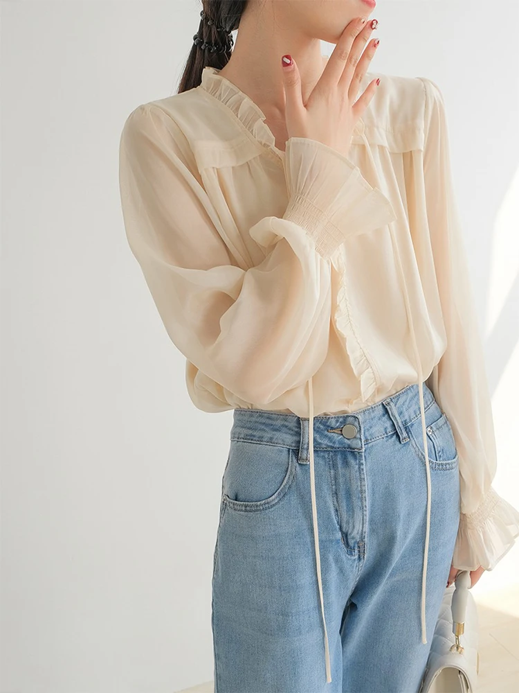 

Lace-Up Sleeveless Sunscreen Shirt Women's Summer Thin Lyocell Chiffon Outerwear Vintage See-through Top Spring/Autumn