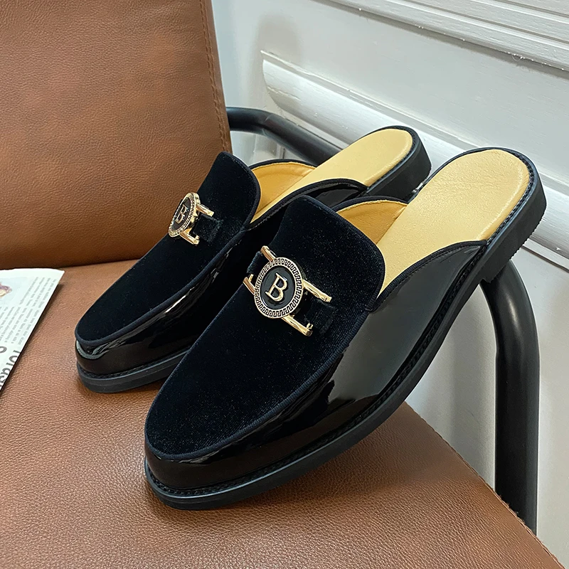 Men Mules Leather Slipper Summer Walk Loafers Open Style Half Flat Shoes Casual Sandals Metal Lock Slides Moccasin Big Size 47