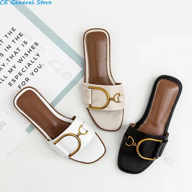 Summer Women Slippers Leather Square Toe Women Flats Flip Flops Designer Ladies Slides Sandals Women Shoes Luxury Sandals