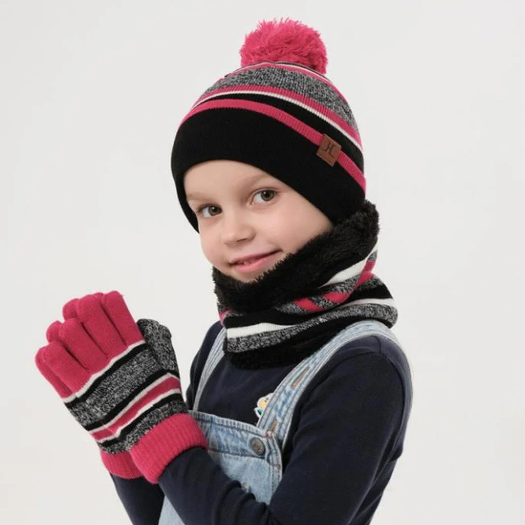 Kids Pompom Winter Beanie Hat Scarf Gloves Set Striped Knitted Boys Girls Fleece Lined Hat Children's Snood Cap 3pcs