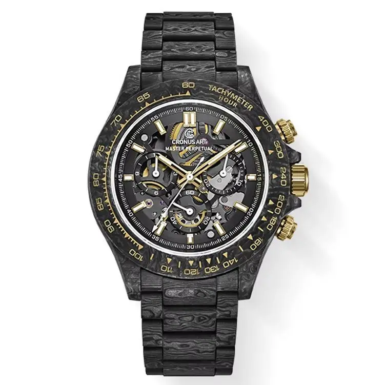 CRONUSART Men Chronograph Watch Sport 42mm Automatic Mechanical Wristwatch Carbon Fiber Case Strap Sapphire Mirror Skeleton Dial