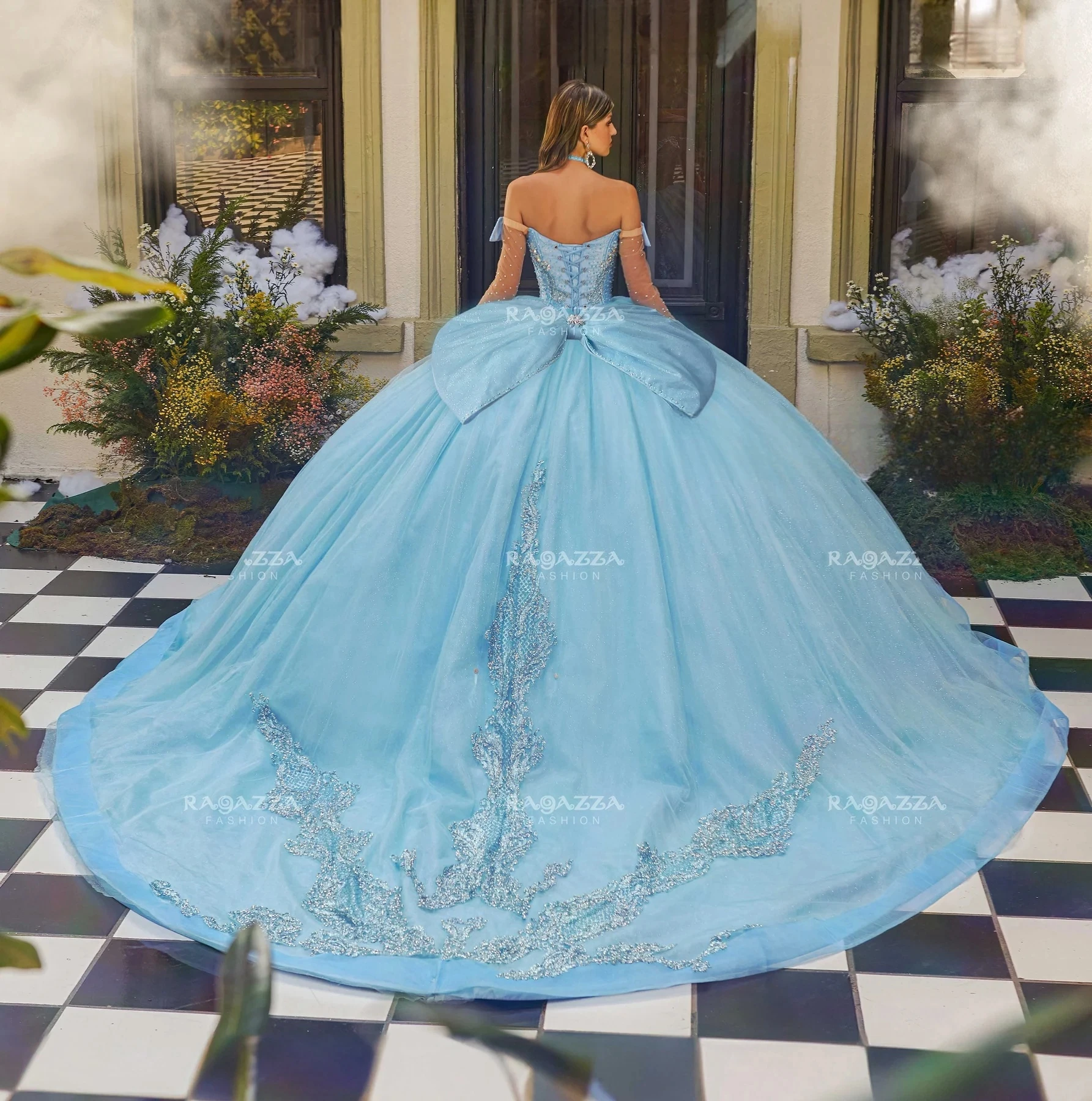 Sky Blue Charro Quinceanera Dresses Ball Gown Long  Sleeves Appliques Crystals Puffy Mexican Sweet 16 Dresses 15 Anos