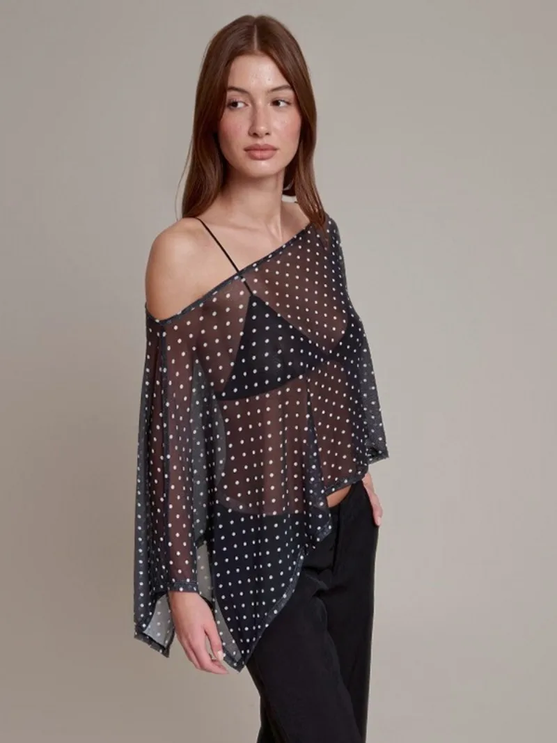 FDYOUI Camicette eleganti sexy con stampa a pois Top per donna 2025 Autunno Lady con spalle scoperte Copricostumi neri irregolari trasparenti