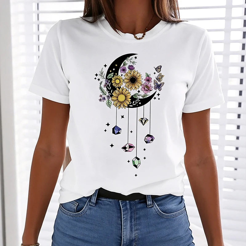 Women's Fashion T Shirt with Butterflies Moon Flowers and Diamonds Print Casual Graphic Tshirt Crew Neck Short Sleeve T-shirt