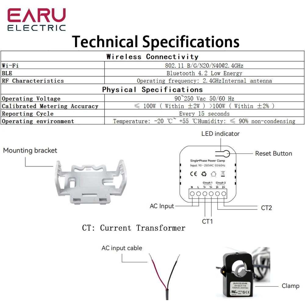 Tuya เครื่องวัดพลังงานแบบสองทาง Wifi อัจฉริยะ, 80-300A AC110V 220V CLAMP CT kWh มอนิเตอร์การใช้พลังงานไฟฟ้า