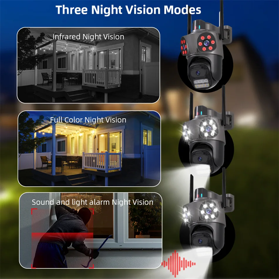 3-lens 8MP3 screen PTZ 360-degree smart wifi HD camera, day and night full color security protection Video IP Camera