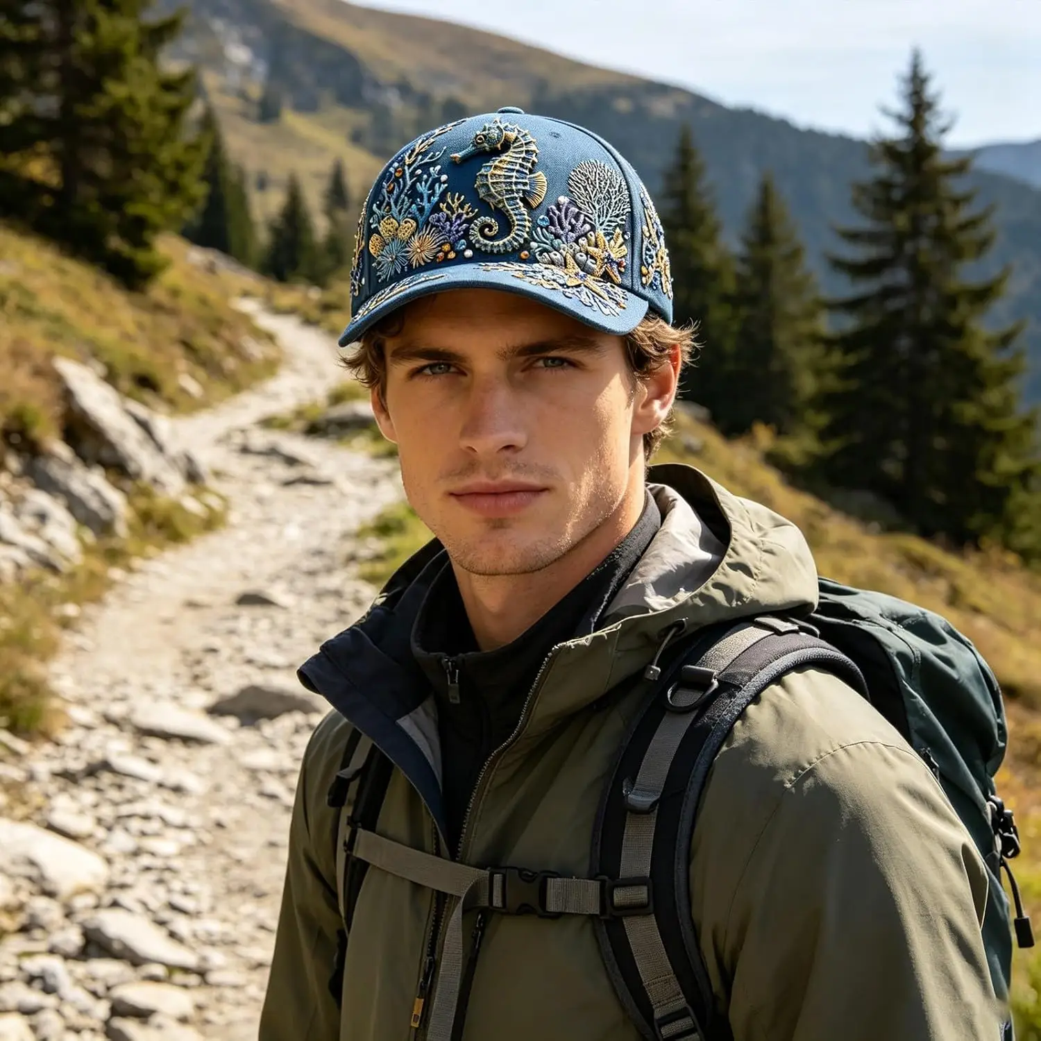 Custom 3D Ocean Creatures Embroidery Cap, Adjustable Cotton Baseball Cap, Raised Embroidered Sea Animal Hat for Beach Travel