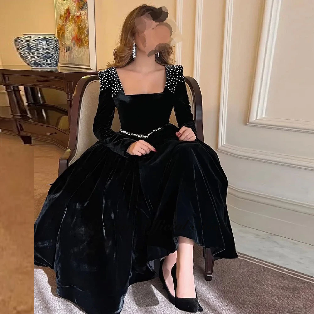 Black Velvet Prom Dresses Long Sleeves Dubai Arabia Vestidos De Noche Square Neck Customized Formal Evening Gowns Ankle Length