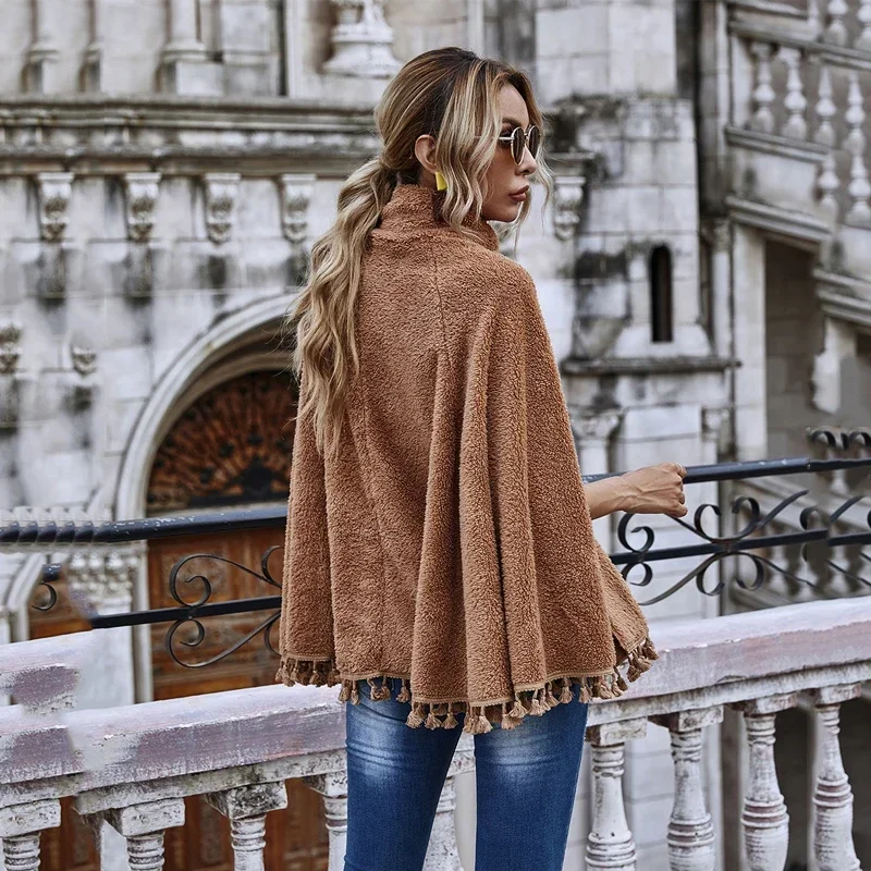 女性用タートルネックセーター,タッセル付き裾,長袖セーター,茶色,ぬいぐるみ,カジュアル,スリム,単色,冬,ファッショナブル,2024