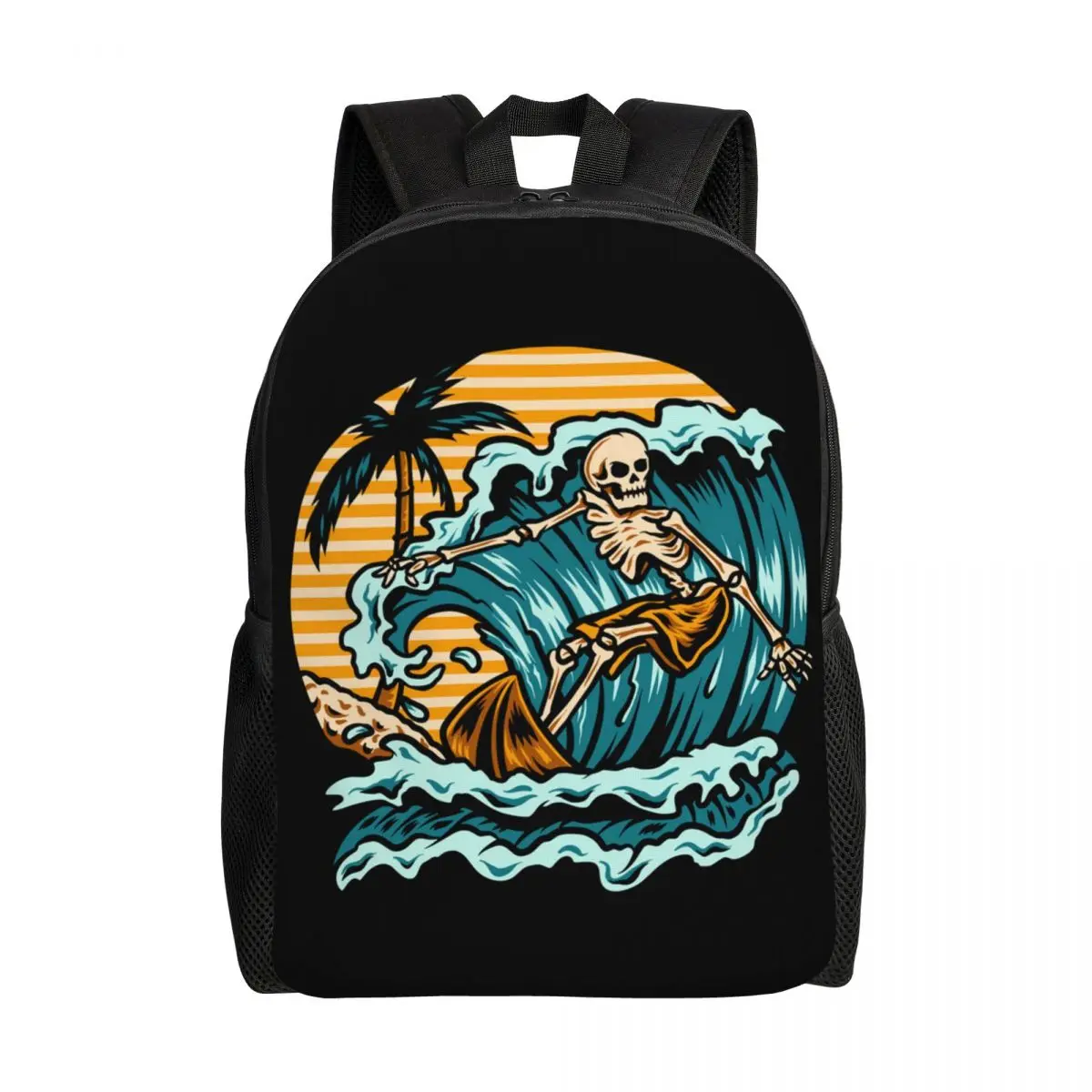 Summer Surfing Skull Backpack for Boys Kids Ocean Waves Backpack 16 Inch Large Capacity Teenagers Bookbags Men Casual Travel Bag