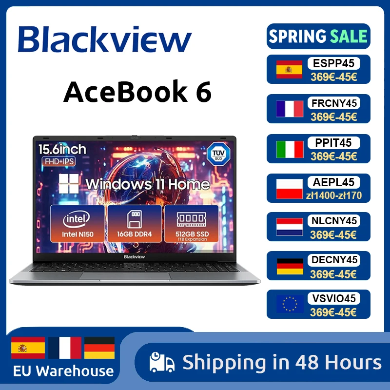 Blackview AceBook 6 laptop 15,6 '' FHD + IPS-scherm Intel Twin Lake N150 CPU 16 GB DDR4 512 GB SSD 36 Wh batterij Windows 11 notebook
