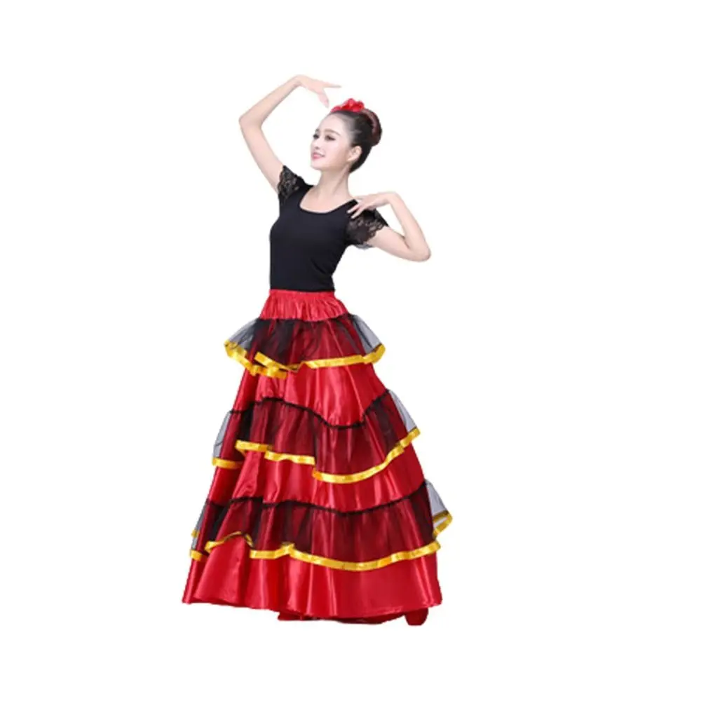 Modna, gładka hiszpańska spódnica flamenco, duża rozkloszowana spódnica na imprezę, kostiumy do tańca brzucha, poliestrowa spódnica do tańca towarzyskiego, duża rozkloszowana spódnica do tańca.