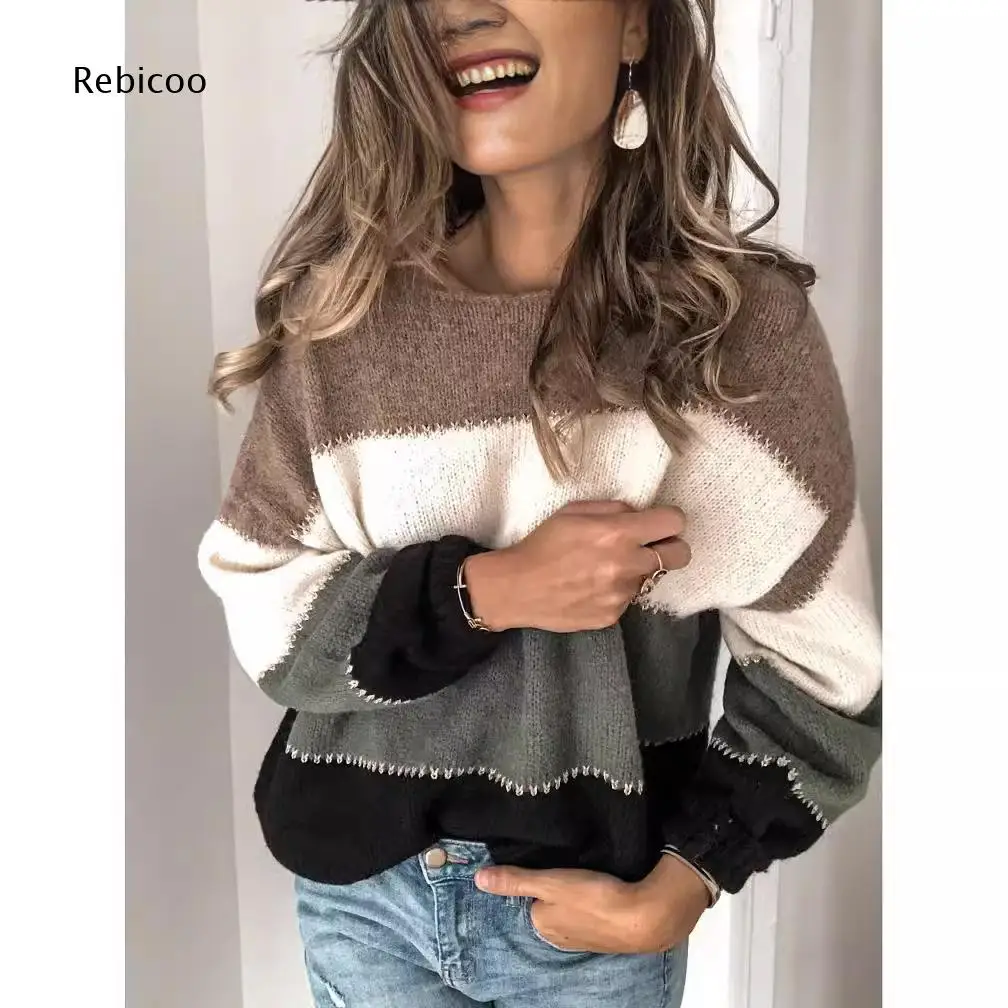 Long Sleeve Loose Pullover Sweater For Women Crew Neck Multi Color Block Contrast Stitching Design For Daily Going Out Occasions