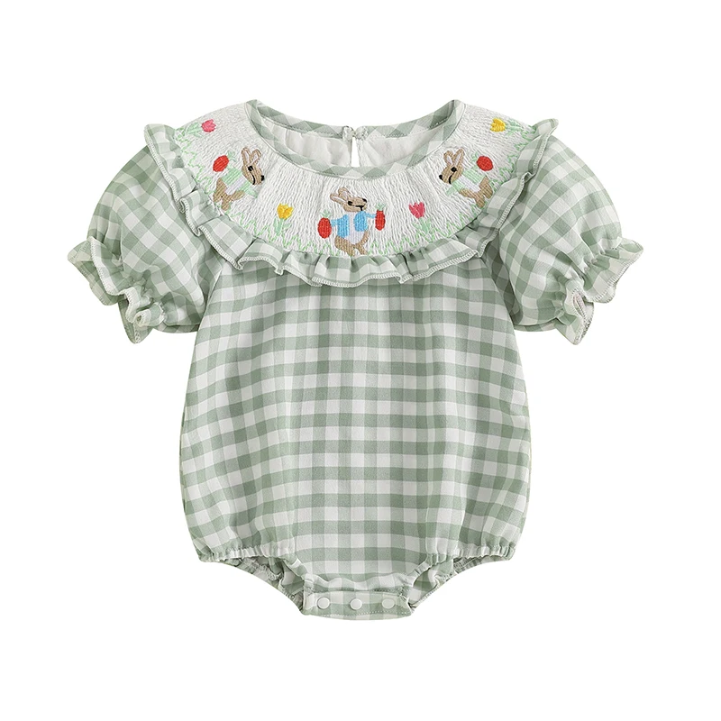 Baby Girl Easter Outfit Bunny Embroidery Smocked Bubble Romper Plaid Short Sleeve Bodysuit Cute Summer Clothes