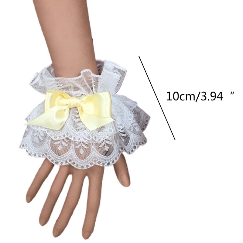 652F Japanese Lolita Hand Sleeve Wrist Cuffs Sweet Ruffled Lace Multicolor Bowknot Maid Cosplay Bracelet for Wedding Party