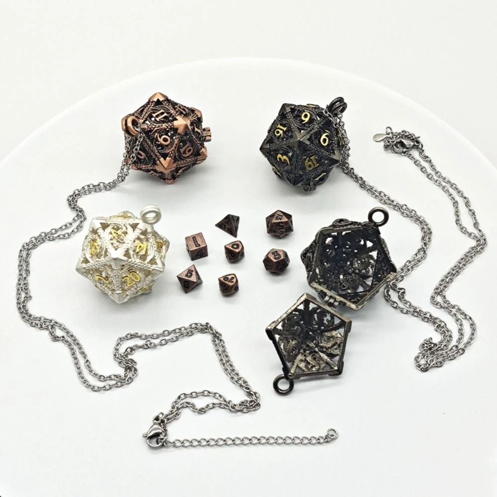 1 Set 20-sided Hollow Metal Dice Necklace TRPG Exquisite Hollow Metal Dice Torque Mini DND Polyhedral Dice Necklace RPG Game