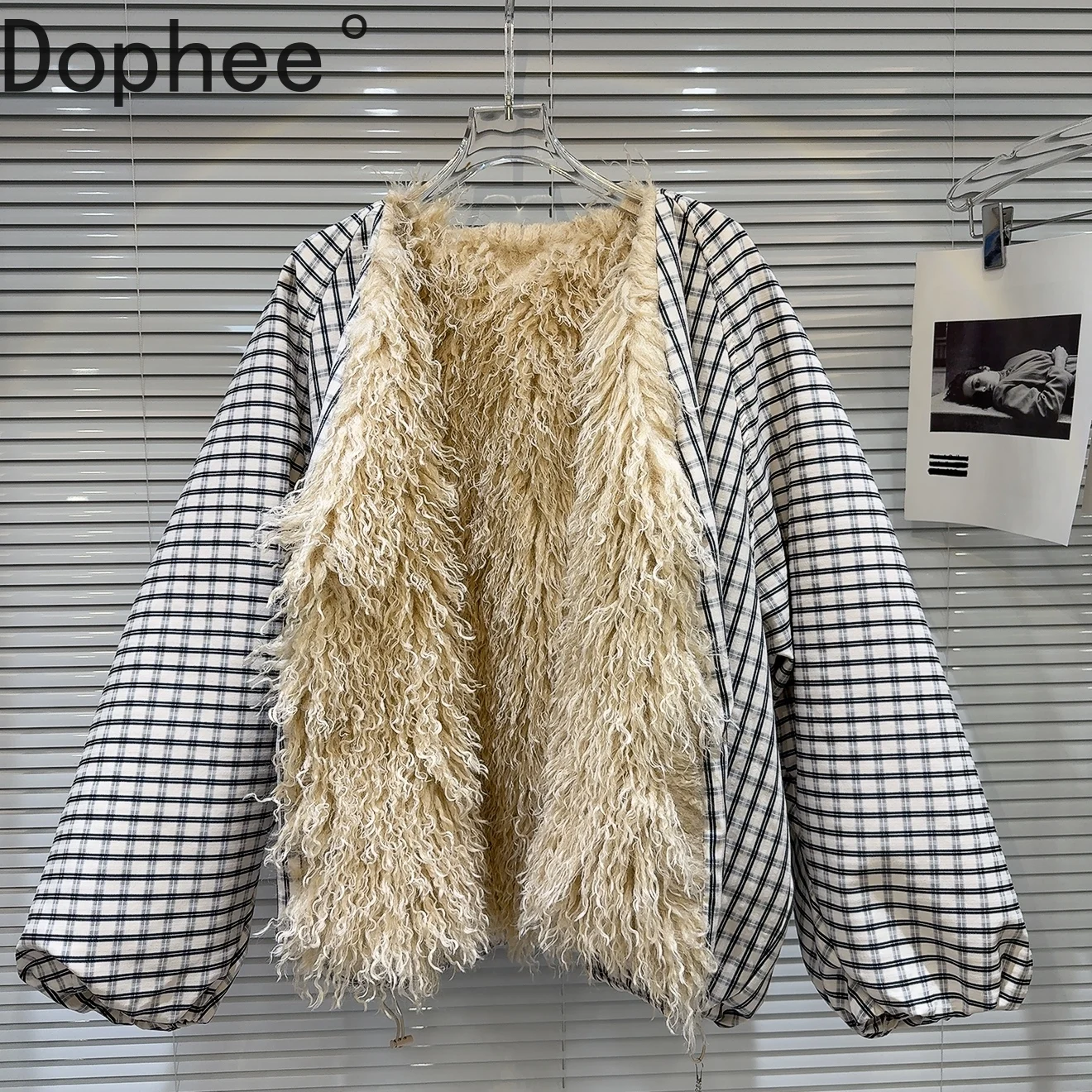 

Streetwear Autumn Winter Colorblock Plaid Faux Fur Cotton-padded Coat Keep Warm Loose Cardigans Coat Hot Chick Wadded Jackets