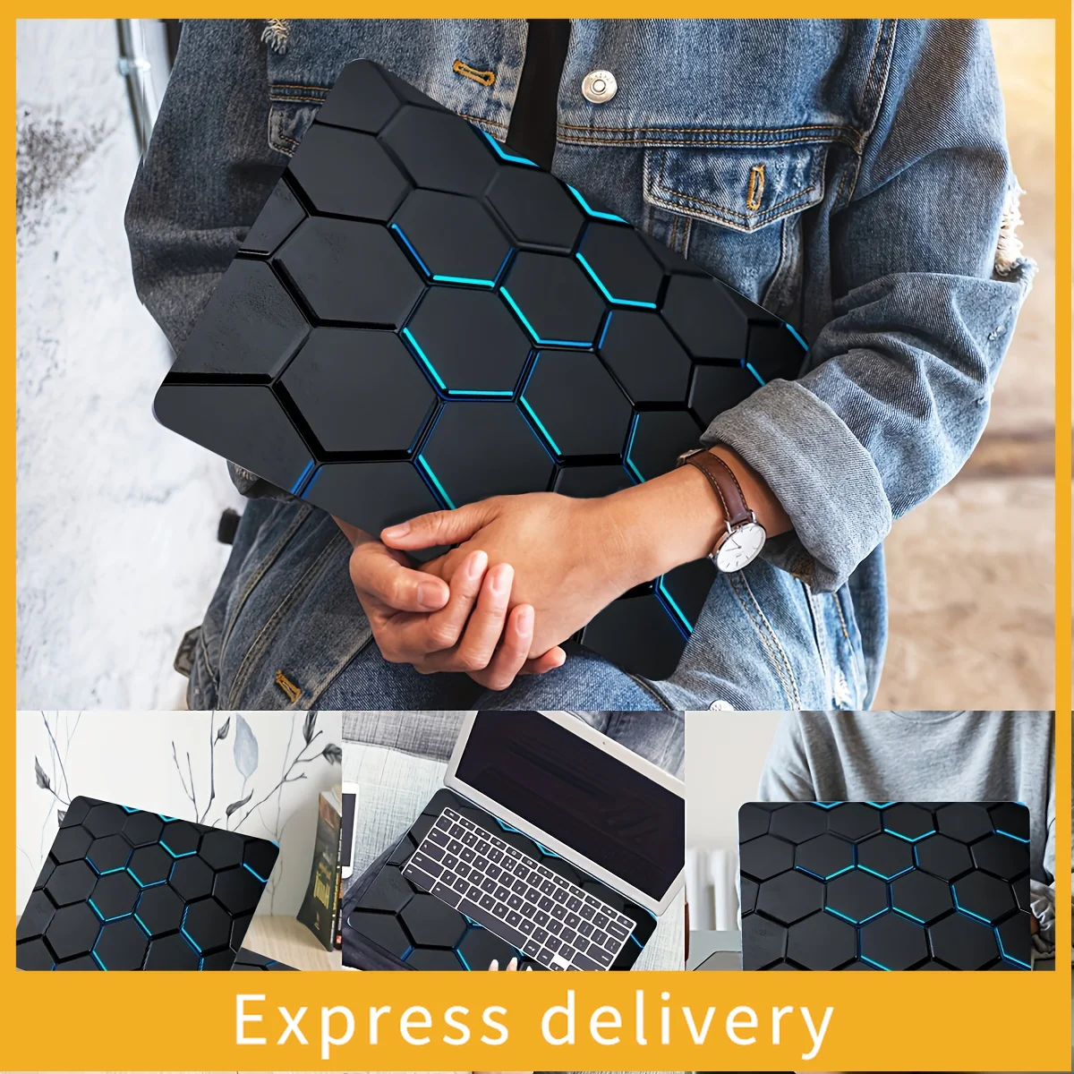 2-Piece technology-packed vinyl laptop sticker - hexagonal blue pattern, self-adhesive case for HP, Lenovo, Apple, ASUS - easy