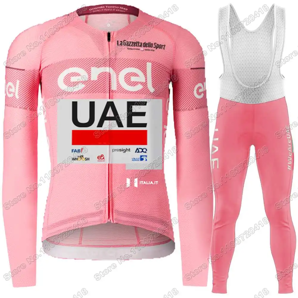 2024 UAE Team Cycling Jersey Set PInk Italy Tour Men Cycling Clothing Autumn Winter Long Sleeve Kit Road Bike Jacket Bib Tights