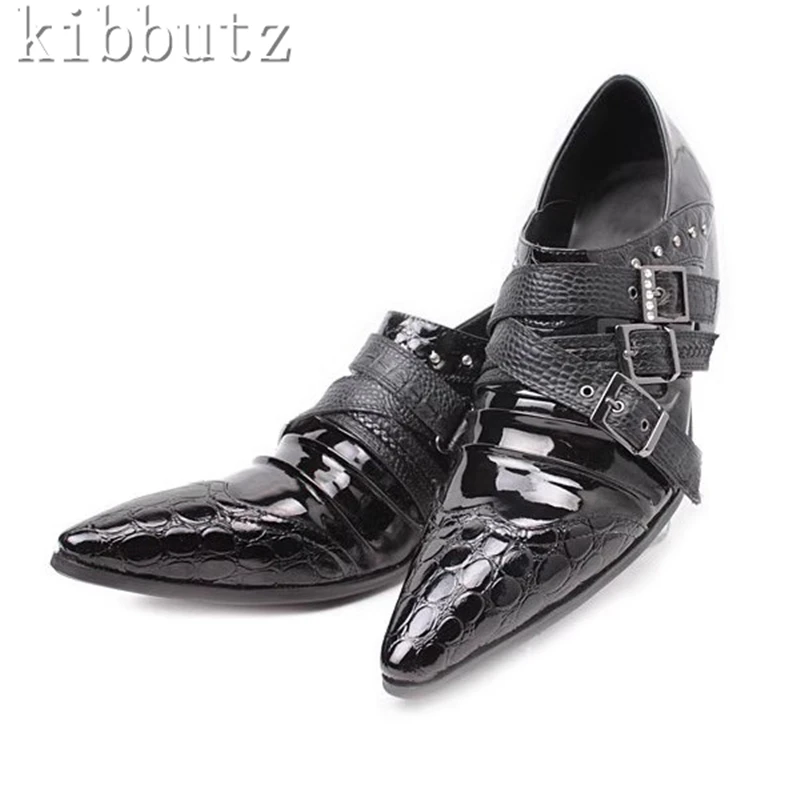 Black Pointed Toe Men's Leather Shoes Genuine Leather Rivet Belt Buckle Decor High Heels Oxford Business Office Shoe for Male