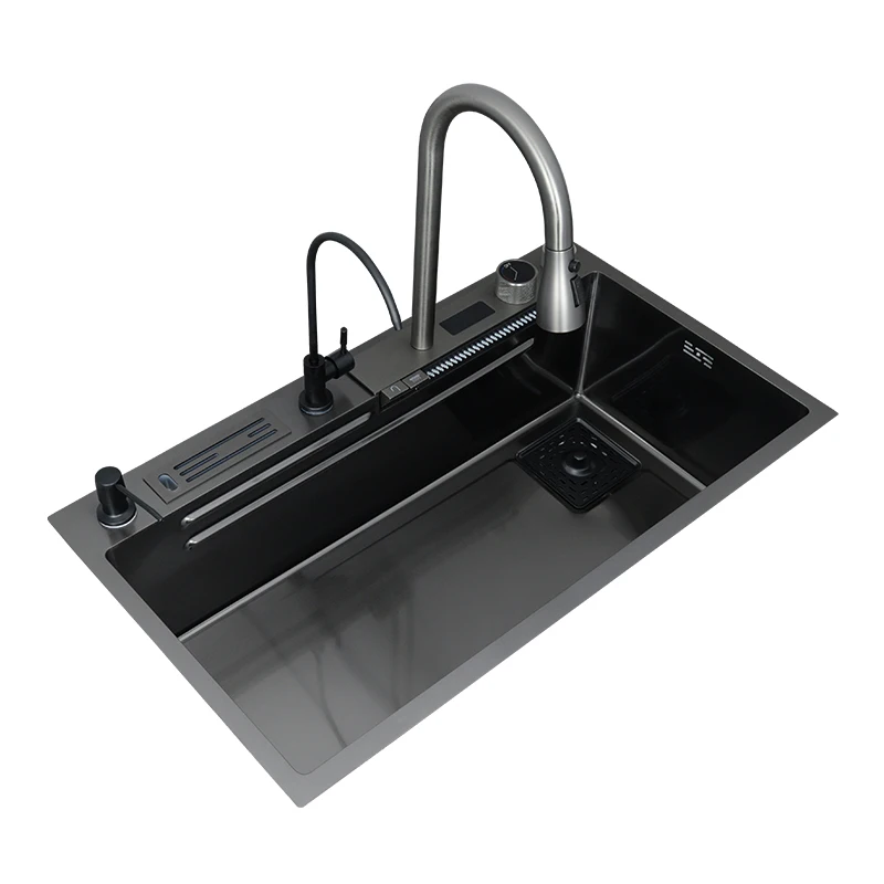 

Black digital display Feiyu Waterfall sink, countertop basin, 304 large single slot, thickened stainless steel vegetable washing