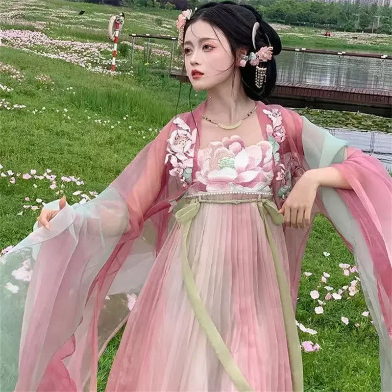 

Spring Traditional Chinese Clothing for Women Full Set Big Sleeve Blouse Lotus Embroidered 4.5M Skirt Pink Hanfu Fairy Dresses