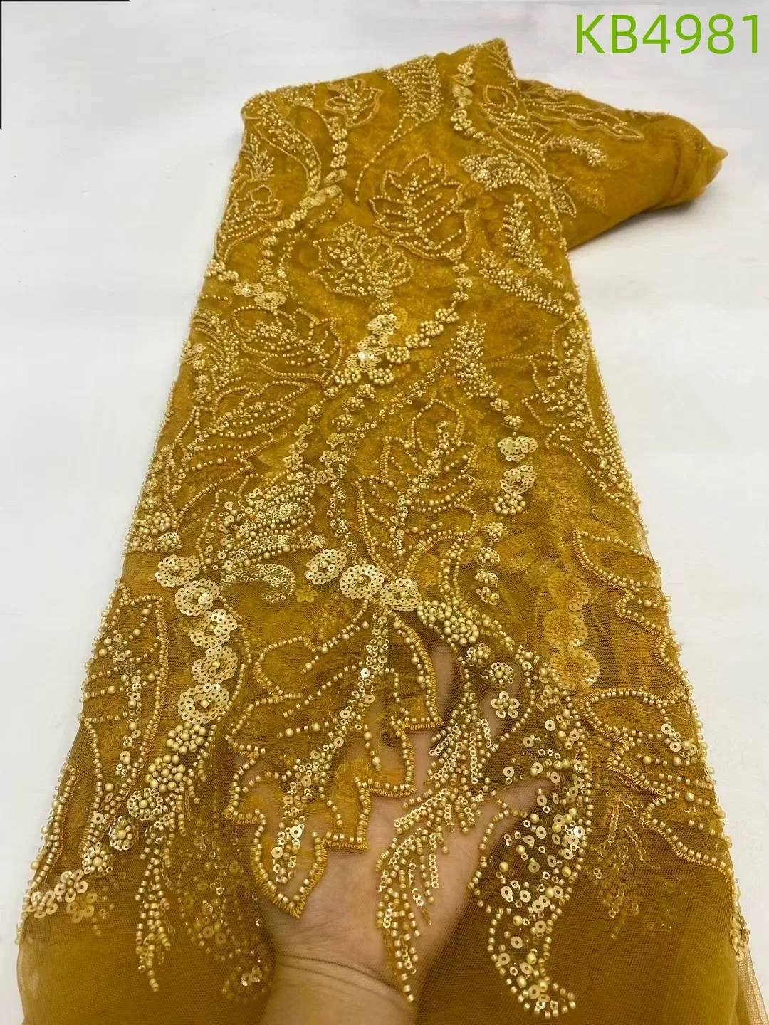 แอฟริกันลูกไม้ผ้า 5 หลาคุณภาพสูง 2025 ลูกปัดทองภาษาฝรั่งเศสคําตาข่ายไนจีเรียSequinsลูกไม้Tulleสําหรับงานแต่งงานชุดKB4981