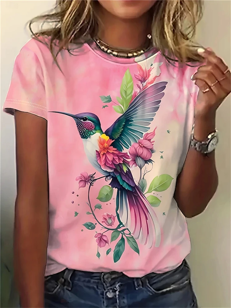 2026 Summer Fashion Round-Neck Short-Sleeve Women's T-Shirt with 3D Animal and Bird Print Elegant and Beautiful Women's Top